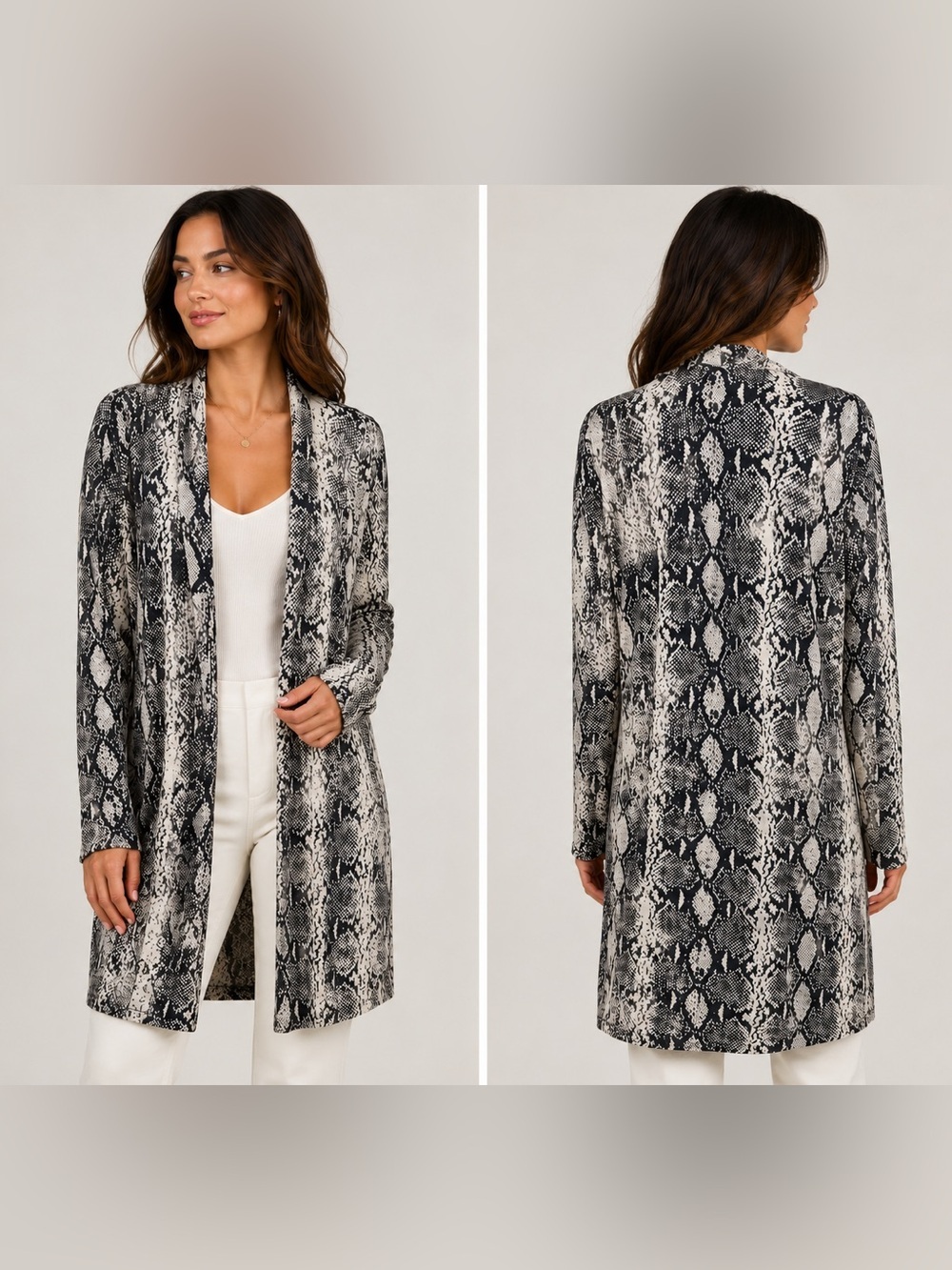 Crepes Snake Print Open Front Duster Cardigan Long Sleeve Black & White L Large